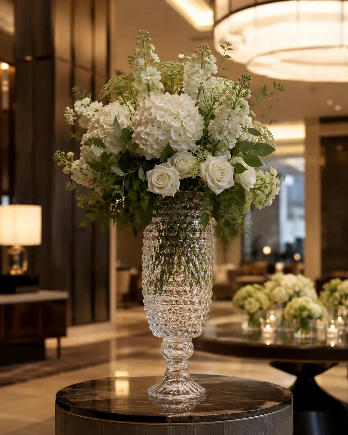 Glassy Bubble Set footed beaded vase with white flowers