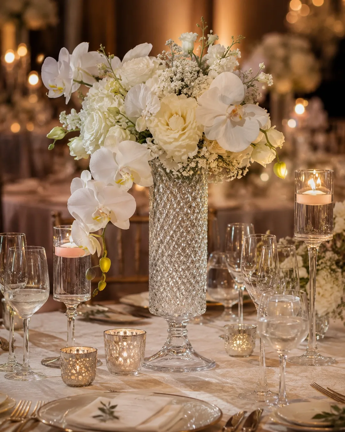 Glassy Diamond footed vase with white floral arrangement